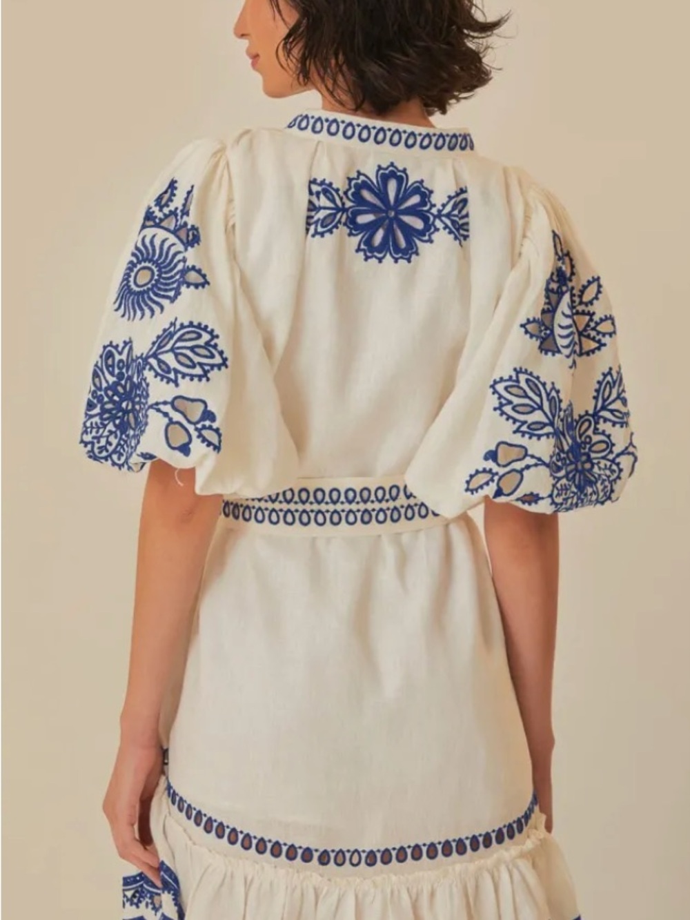 FARM Rio- Embroidered Puff-Sleeve Linen Mini Dress in White and Blue - Picture 2 of 4